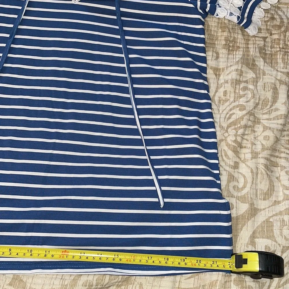 NWOT Slate Blue & White Stripe Crochet-Accent Notch Neck Tunic - Picture 3 of 7